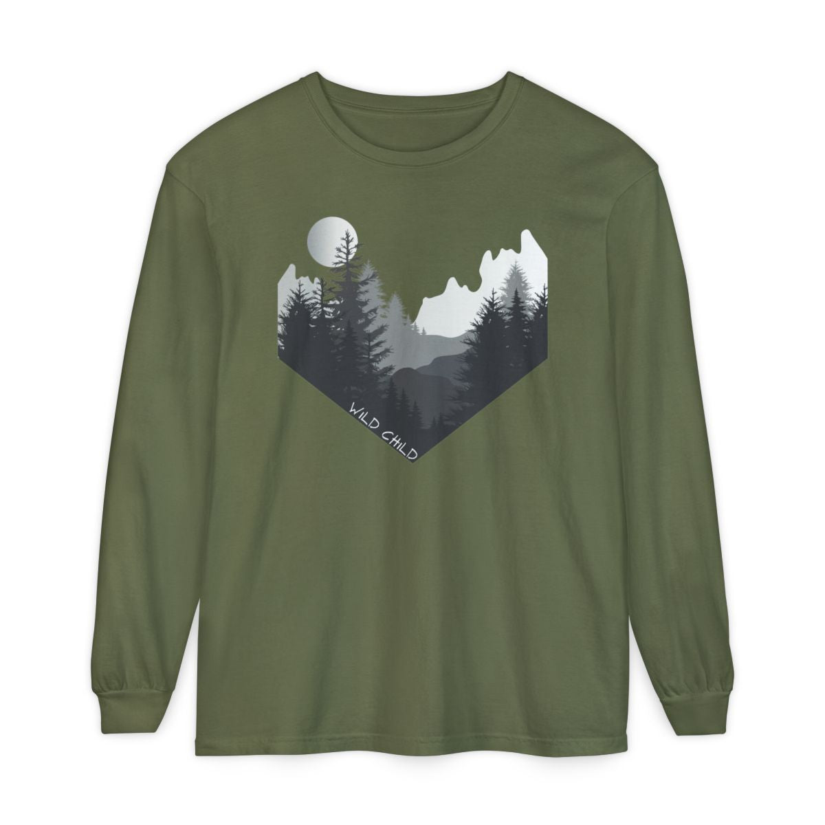 The image on the front of this custom long sleeve shirt is all in black and grey with there being mountains and trees on both sides in the shape on a v making it looking as if you are looking down a valley, the words wild child are in white on the bottom left of the image.