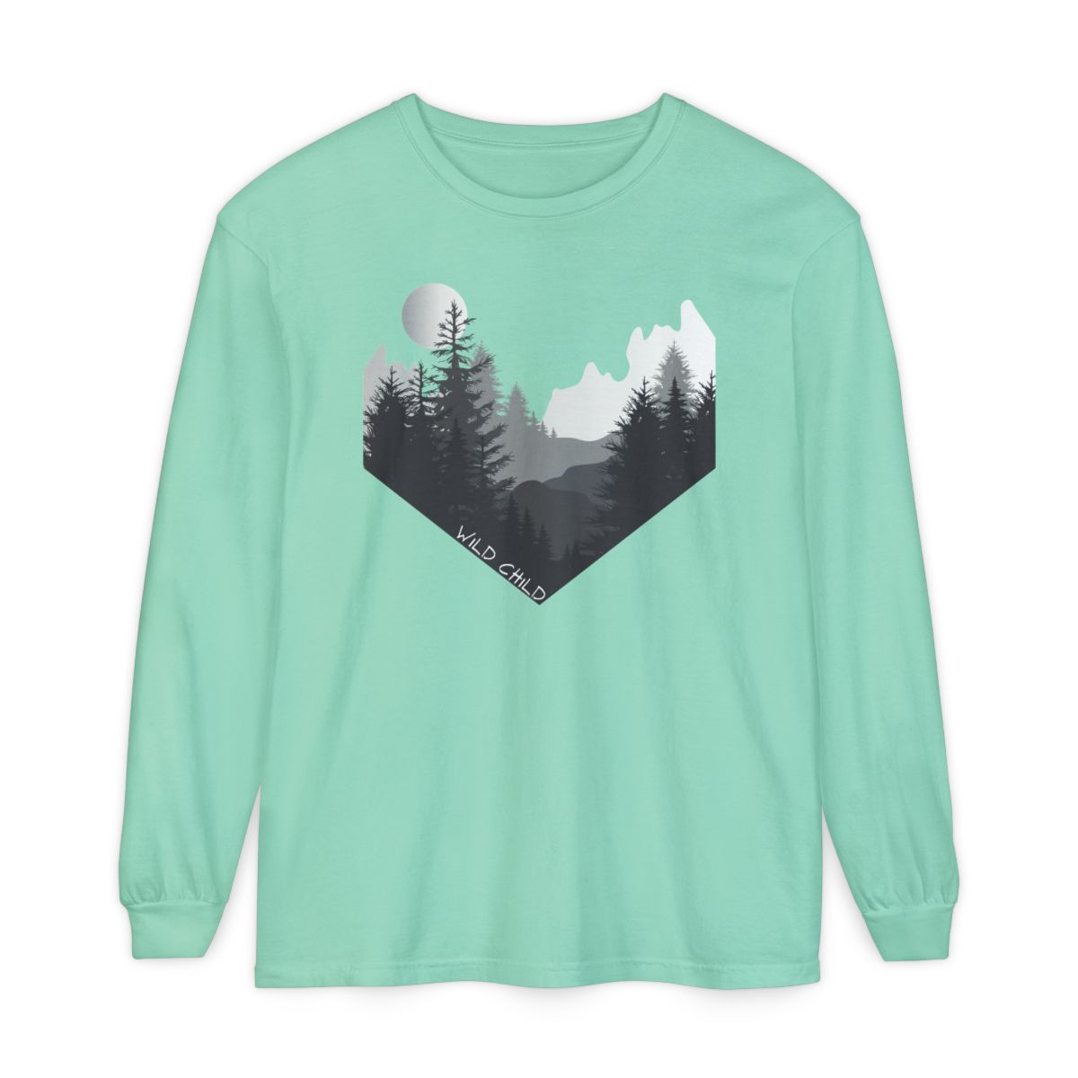 The image on the front of this custom long sleeve shirt is all in black and grey with there being mountains and trees on both sides in the shape on a v making it looking as if you are looking down a valley, the words wild child are in white on the bottom left of the image.