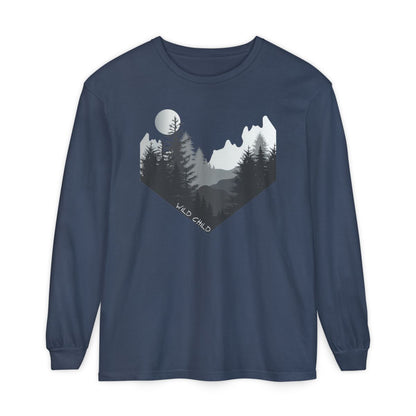 The image on the front of this custom long sleeve shirt is all in black and grey with there being mountains and trees on both sides in the shape on a v making it looking as if you are looking down a valley, the words wild child are in white on the bottom left of the image.