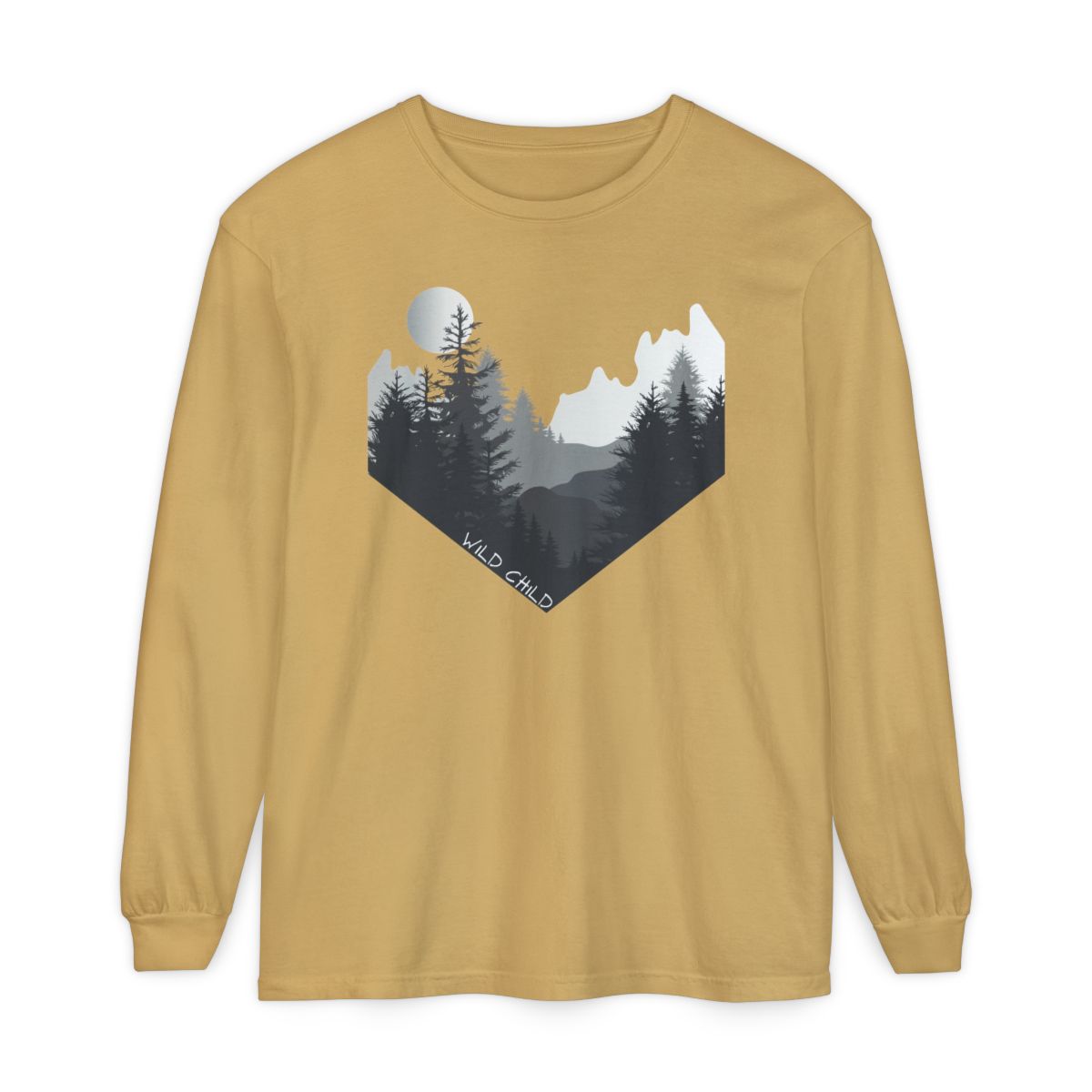 The image on the front of this custom long sleeve shirt is all in black and grey with there being mountains and trees on both sides in the shape on a v making it looking as if you are looking down a valley, the words wild child are in white on the bottom left of the image.