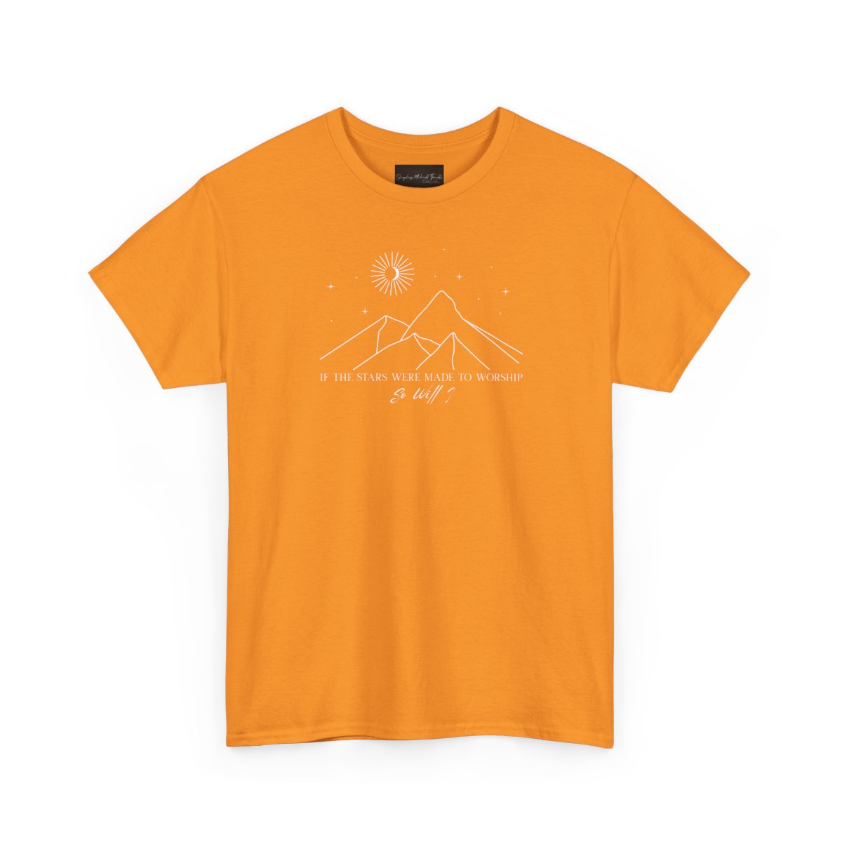 On the front of this custom Christian short sleeve shirt is a line drawing of mountains, and a moon and stars above the mountains, underneath the image are the words If the stars were made to worship so will I.