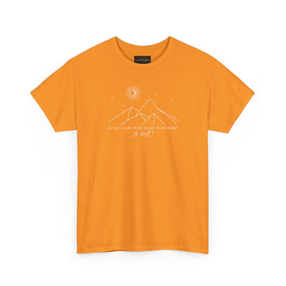 On the front of this custom Christian short sleeve shirt is a line drawing of mountains, and a moon and stars above the mountains, underneath the image are the words If the stars were made to worship so will I.