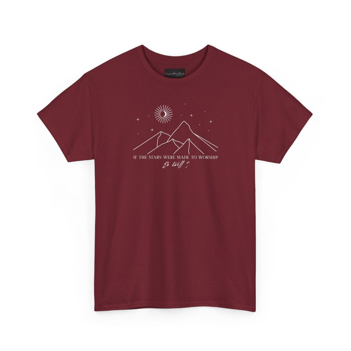 On the front of this custom Christian short sleeve shirt is a line drawing of mountains, and a moon and stars above the mountains, underneath the image are the words If the stars were made to worship so will I.