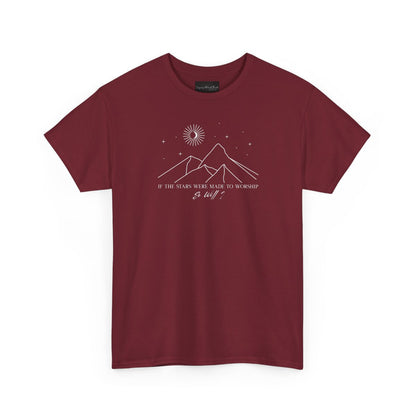On the front of this custom Christian short sleeve shirt is a line drawing of mountains, and a moon and stars above the mountains, underneath the image are the words If the stars were made to worship so will I.