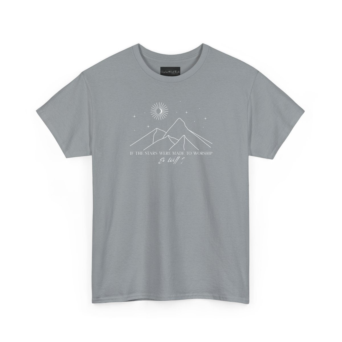 On the front of this custom Christian short sleeve shirt is a line drawing of mountains, and a moon and stars above the mountains, underneath the image are the words If the stars were made to worship so will I.