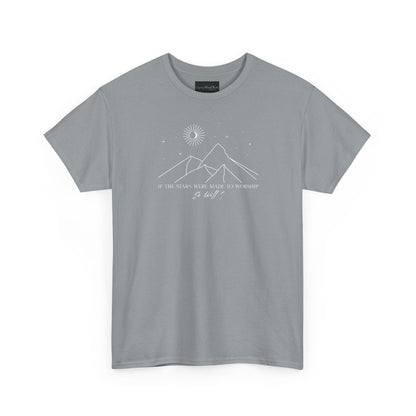 On the front of this custom Christian short sleeve shirt is a line drawing of mountains, and a moon and stars above the mountains, underneath the image are the words If the stars were made to worship so will I.