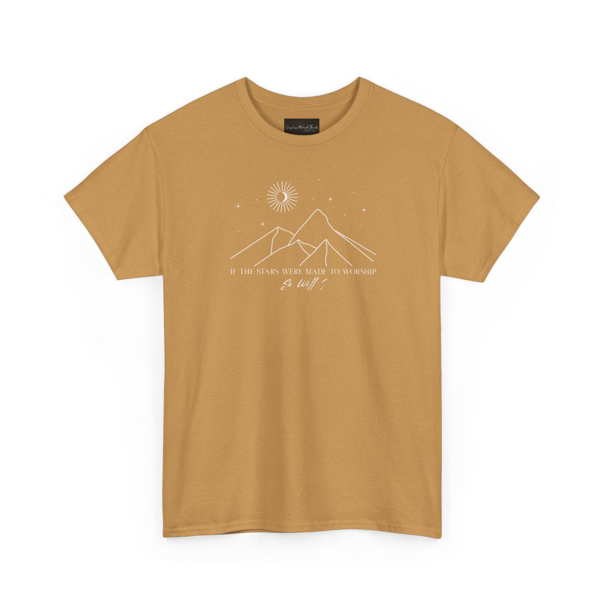 On the front of this custom Christian short sleeve shirt is a line drawing of mountains, and a moon and stars above the mountains, underneath the image are the words If the stars were made to worship so will I.
