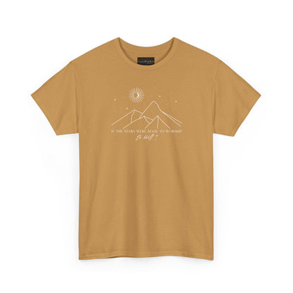 On the front of this custom Christian short sleeve shirt is a line drawing of mountains, and a moon and stars above the mountains, underneath the image are the words If the stars were made to worship so will I.