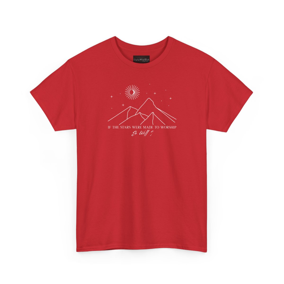 On the front of this custom Christian short sleeve shirt is a line drawing of mountains, and a moon and stars above the mountains, underneath the image are the words If the stars were made to worship so will I.