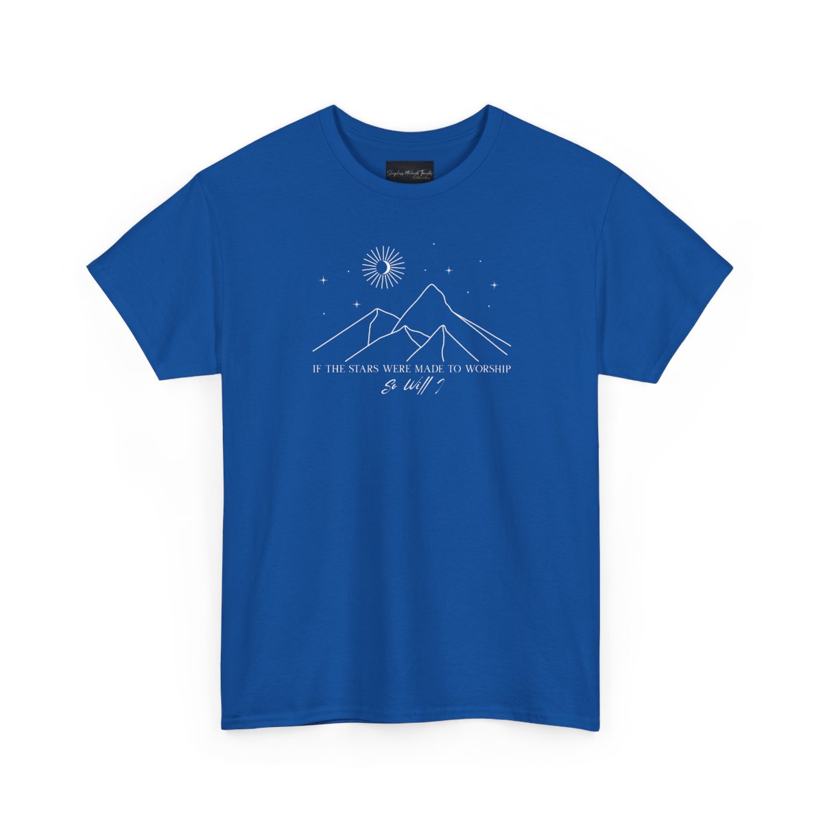 On the front of this custom Christian short sleeve shirt is a line drawing of mountains, and a moon and stars above the mountains, underneath the image are the words If the stars were made to worship so will I.