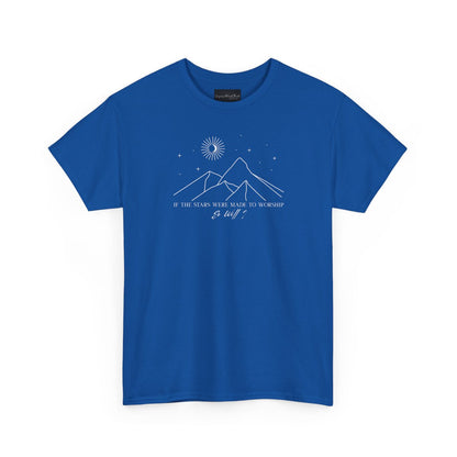 On the front of this custom Christian short sleeve shirt is a line drawing of mountains, and a moon and stars above the mountains, underneath the image are the words If the stars were made to worship so will I.