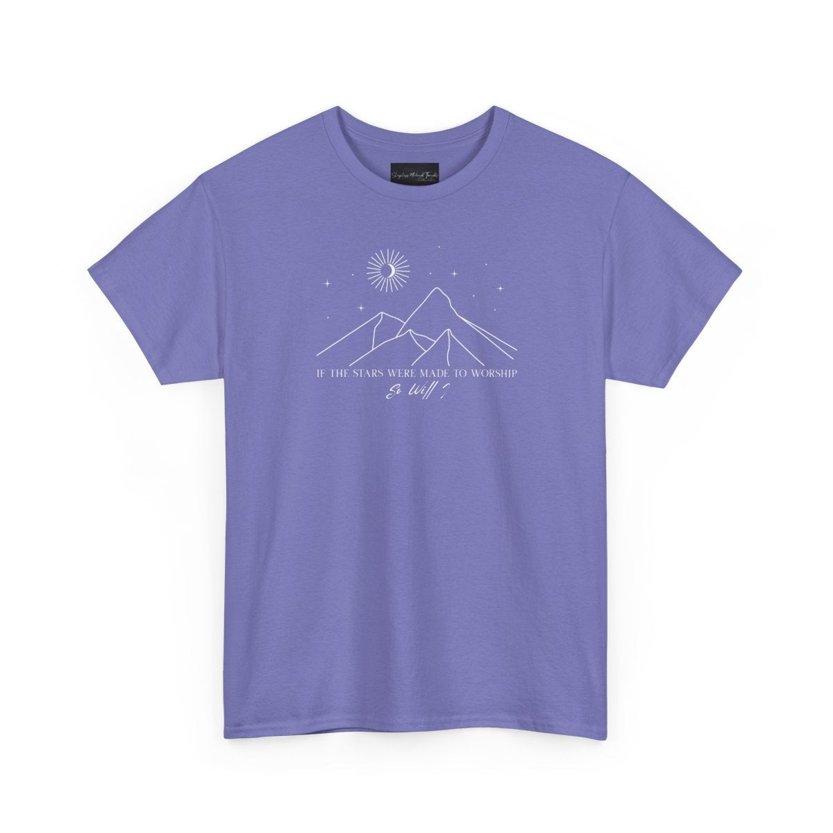 On the front of this custom Christian short sleeve shirt is a line drawing of mountains, and a moon and stars above the mountains, underneath the image are the words If the stars were made to worship so will I.