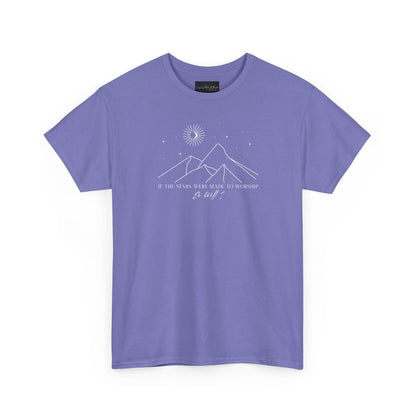 On the front of this custom Christian short sleeve shirt is a line drawing of mountains, and a moon and stars above the mountains, underneath the image are the words If the stars were made to worship so will I.