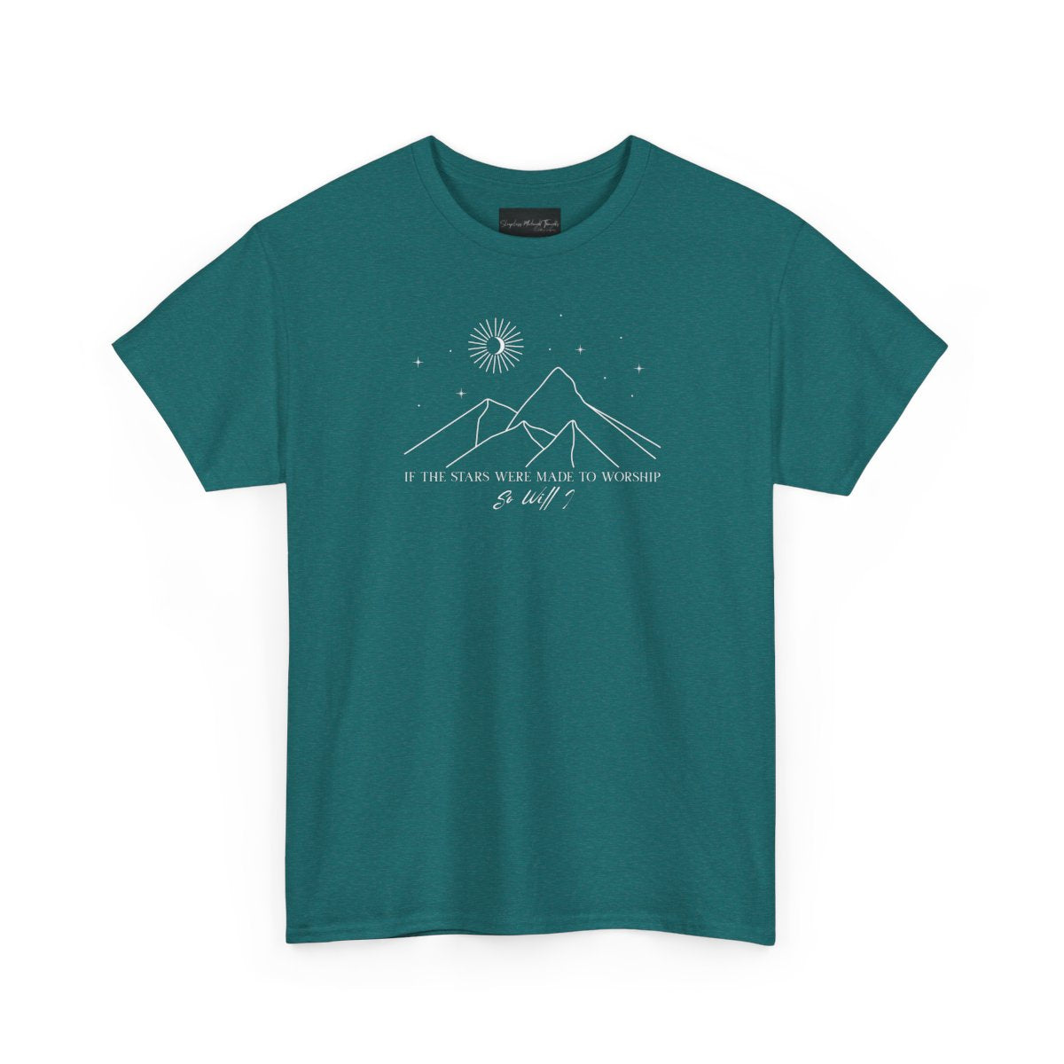 On the front of this custom Christian short sleeve shirt is a line drawing of mountains, and a moon and stars above the mountains, underneath the image are the words If the stars were made to worship so will I.
