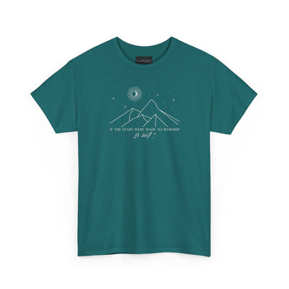 On the front of this custom Christian short sleeve shirt is a line drawing of mountains, and a moon and stars above the mountains, underneath the image are the words If the stars were made to worship so will I.