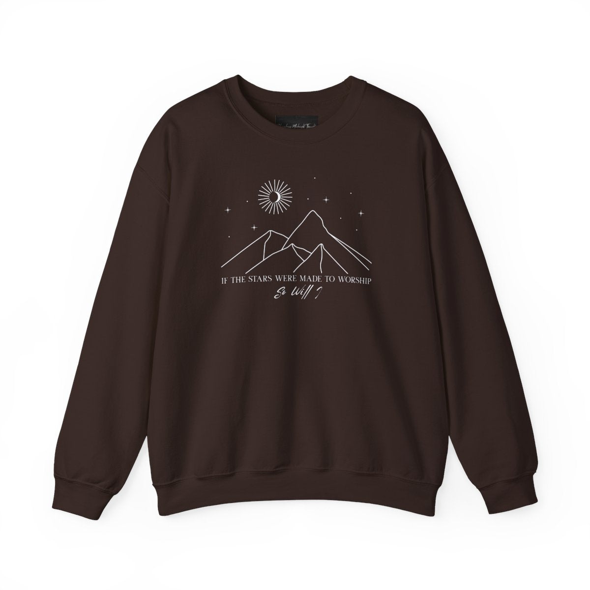 On the front of this Christian sweater is an image of mountains with a bunch of stars on the top, the words If the stars were made to worship So will i in two different fonts.