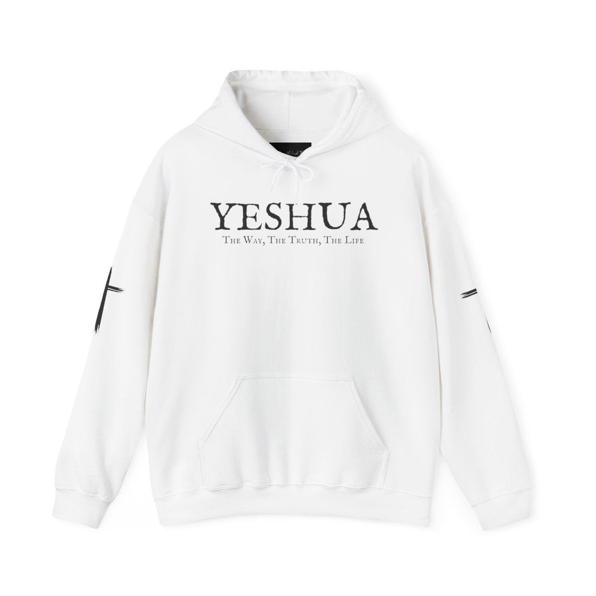 A oversized hoodie, on the front of the hoodie in white are the words Yeshua the same today tomorrow and forever in a old style font, there is also a white Jesus cross on both sleeves of the hooded sweater