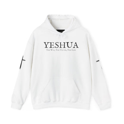 A oversized hoodie, on the front of the hoodie in white are the words Yeshua the same today tomorrow and forever in a old style font, there is also a white Jesus cross on both sleeves of the hooded sweater