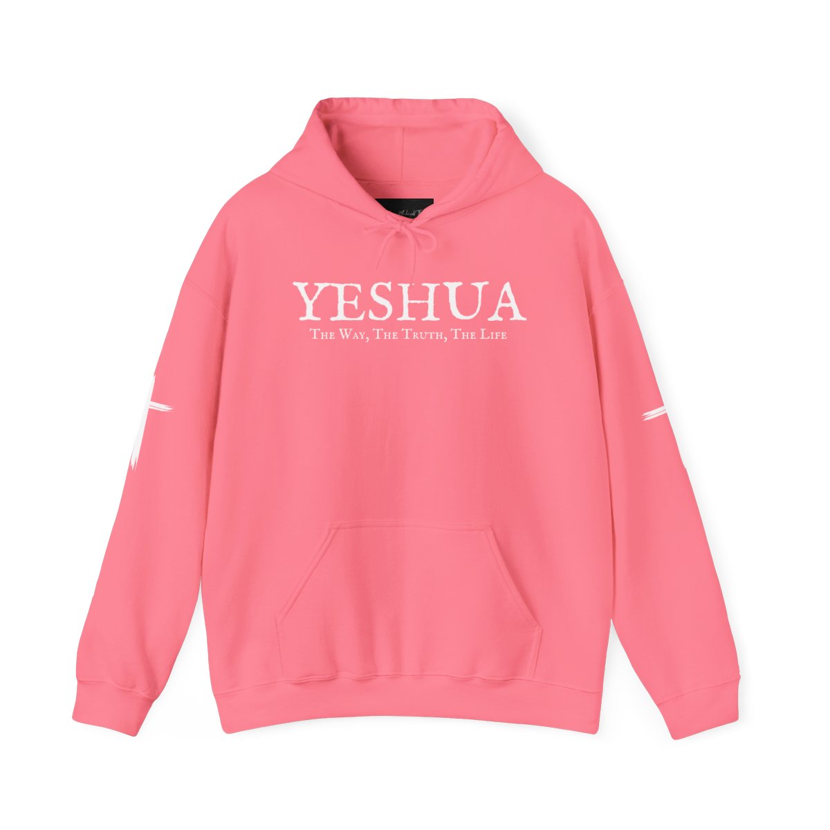 A oversized hoodie, on the front of the hoodie in white are the words Yeshua the same today tomorrow and forever in a old style font, there is also a white Jesus cross on both sleeves of the hooded sweater