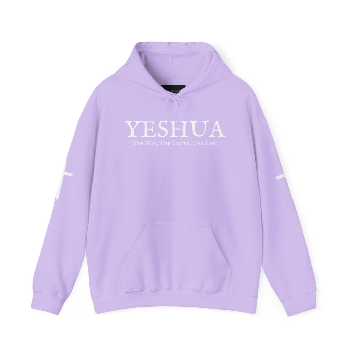 A oversized hoodie, on the front of the hoodie in white are the words Yeshua the same today tomorrow and forever in a old style font, there is also a white Jesus cross on both sleeves of the hooded sweater
