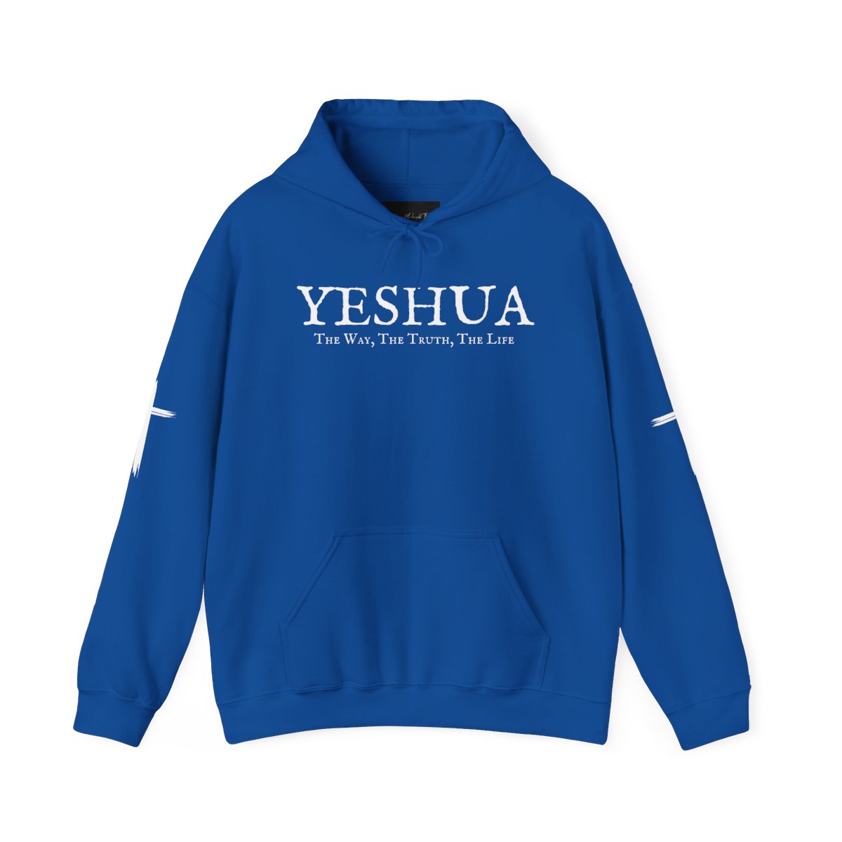 A oversized hoodie, on the front of the hoodie in white are the words Yeshua the same today tomorrow and forever in a old style font, there is also a white Jesus cross on both sleeves of the hooded sweater