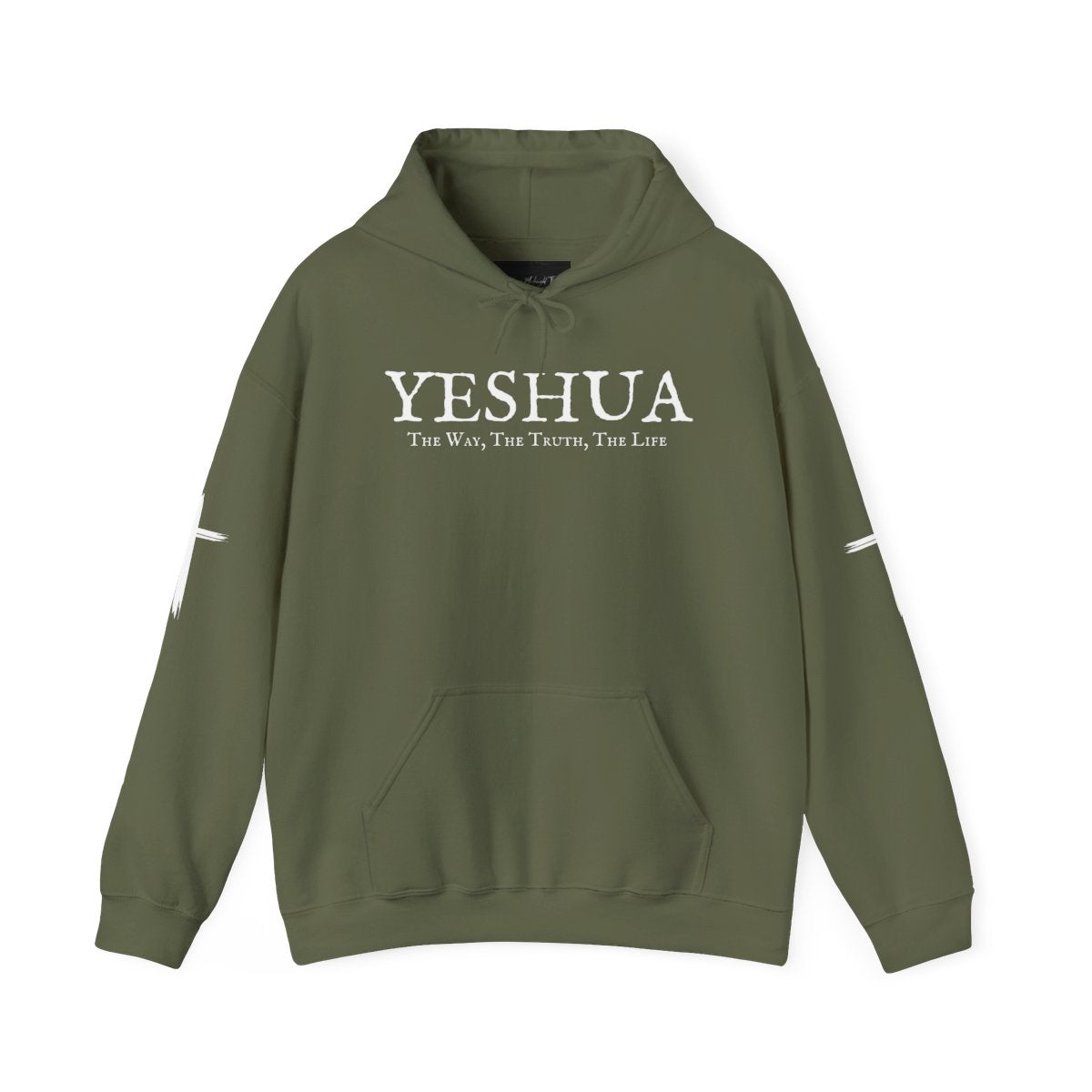 A oversized hoodie, on the front of the hoodie in white are the words Yeshua the same today tomorrow and forever in a old style font, there is also a white Jesus cross on both sleeves of the hooded sweater