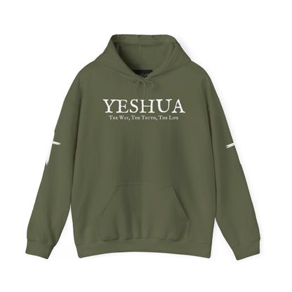 A oversized hoodie, on the front of the hoodie in white are the words Yeshua the same today tomorrow and forever in a old style font, there is also a white Jesus cross on both sleeves of the hooded sweater