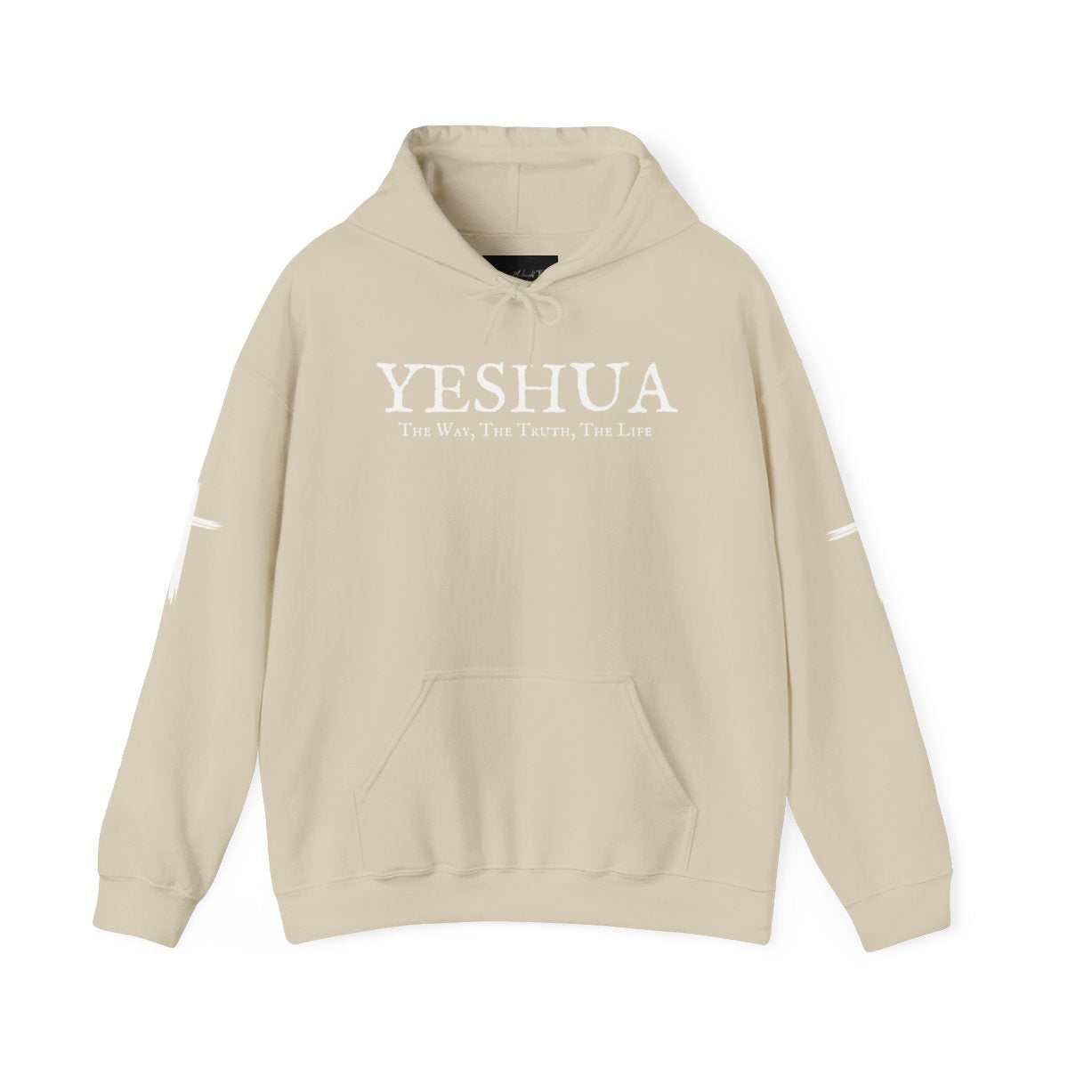 A oversized hoodie, on the front of the hoodie in white are the words Yeshua the same today tomorrow and forever in a old style font, there is also a white Jesus cross on both sleeves of the hooded sweater