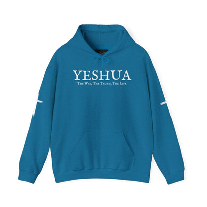 A oversized hoodie, on the front of the hoodie in white are the words Yeshua the same today tomorrow and forever in a old style font, there is also a white Jesus cross on both sleeves of the hooded sweater