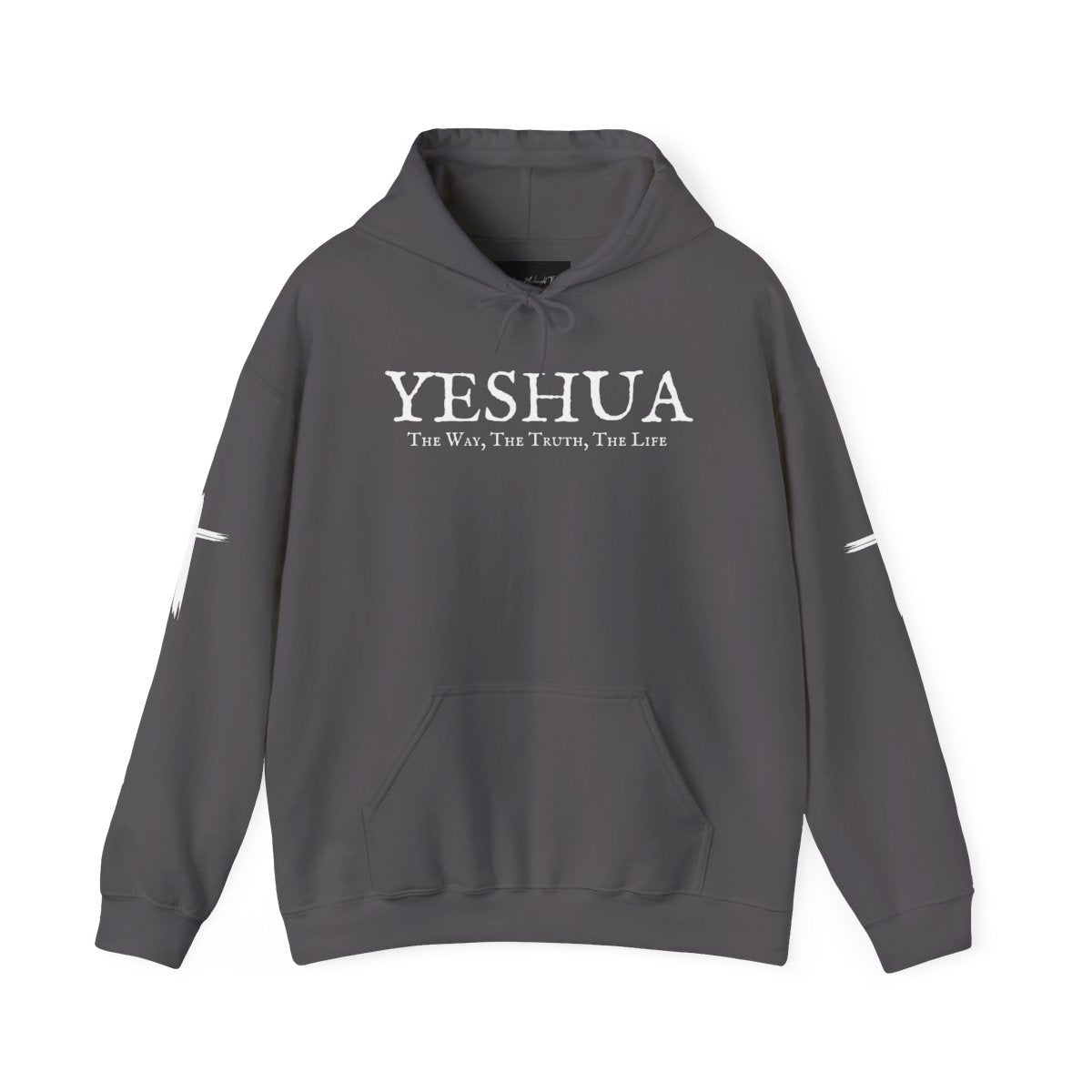 A oversized hoodie, on the front of the hoodie in white are the words Yeshua the same today tomorrow and forever in a old style font, there is also a white Jesus cross on both sleeves of the hooded sweater