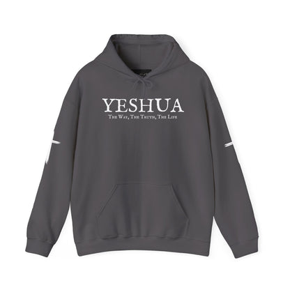 A oversized hoodie, on the front of the hoodie in white are the words Yeshua the same today tomorrow and forever in a old style font, there is also a white Jesus cross on both sleeves of the hooded sweater