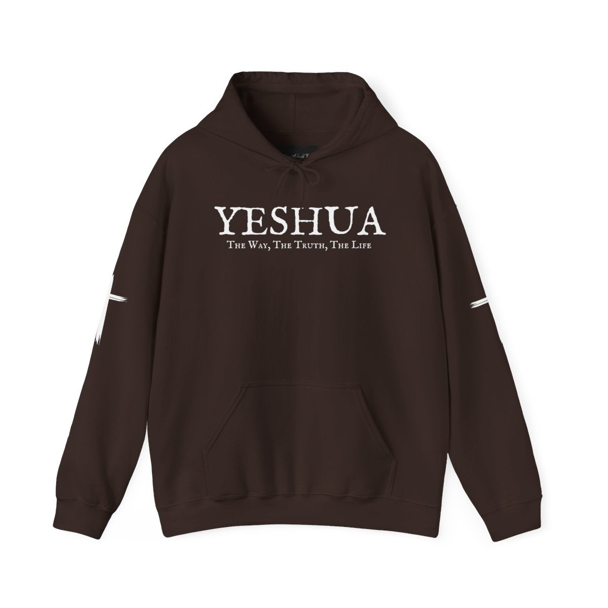 A oversized hoodie, on the front of the hoodie in white are the words Yeshua the same today tomorrow and forever in a old style font, there is also a white Jesus cross on both sleeves of the hooded sweater