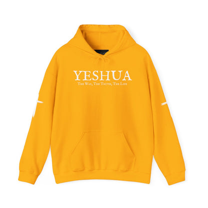 A oversized hoodie, on the front of the hoodie in white are the words Yeshua the same today tomorrow and forever in a old style font, there is also a white Jesus cross on both sleeves of the hooded sweater