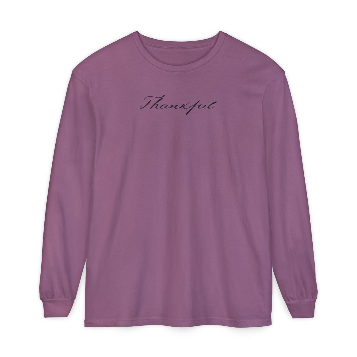 On the front of this custom unisex long sleeve t-shirt is the word thankful in a flowy cursive font.