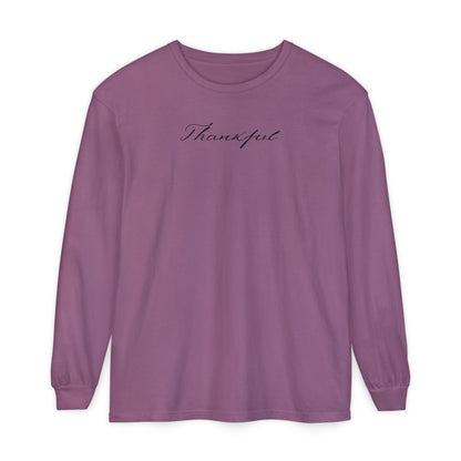 On the front of this custom unisex long sleeve t-shirt is the word thankful in a flowy cursive font.