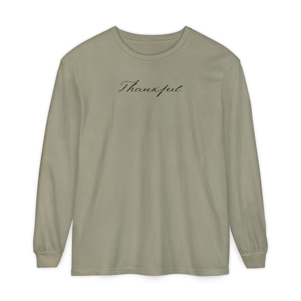 On the front of this custom unisex long sleeve t-shirt is the word thankful in a flowy cursive font.