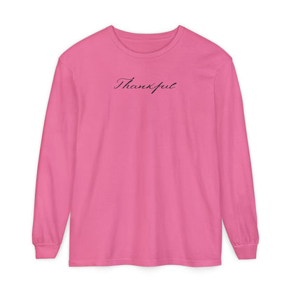 On the front of this custom unisex long sleeve t-shirt is the word thankful in a flowy cursive font.