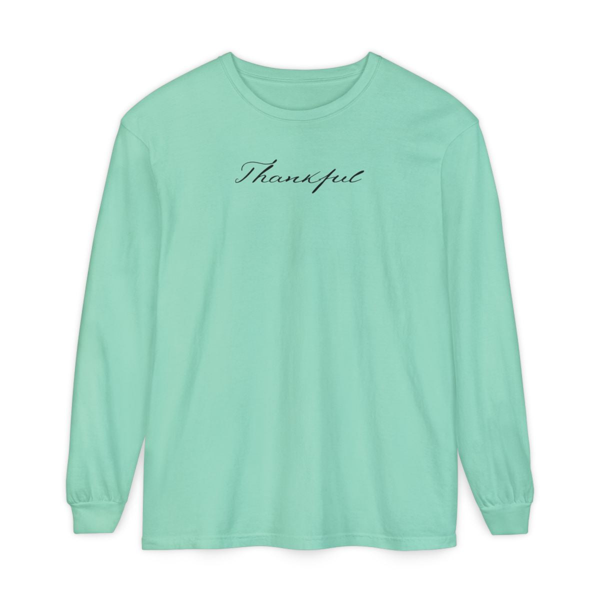 On the front of this custom unisex long sleeve t-shirt is the word thankful in a flowy cursive font.