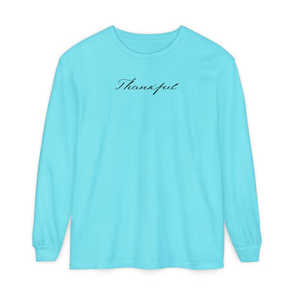 On the front of this custom unisex long sleeve t-shirt is the word thankful in a flowy cursive font.