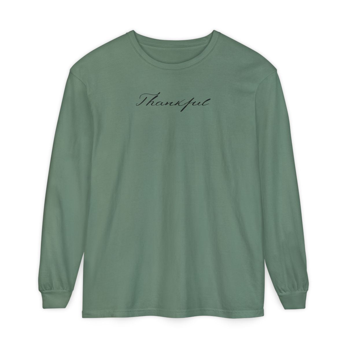 On the front of this custom unisex long sleeve t-shirt is the word thankful in a flowy cursive font.