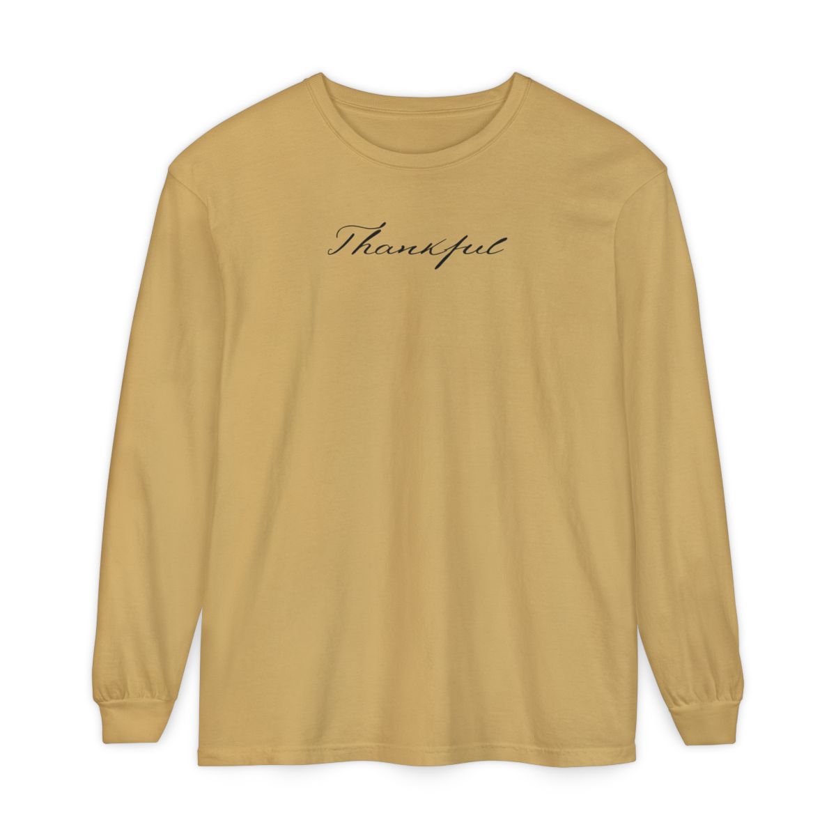 On the front of this custom unisex long sleeve t-shirt is the word thankful in a flowy cursive font.