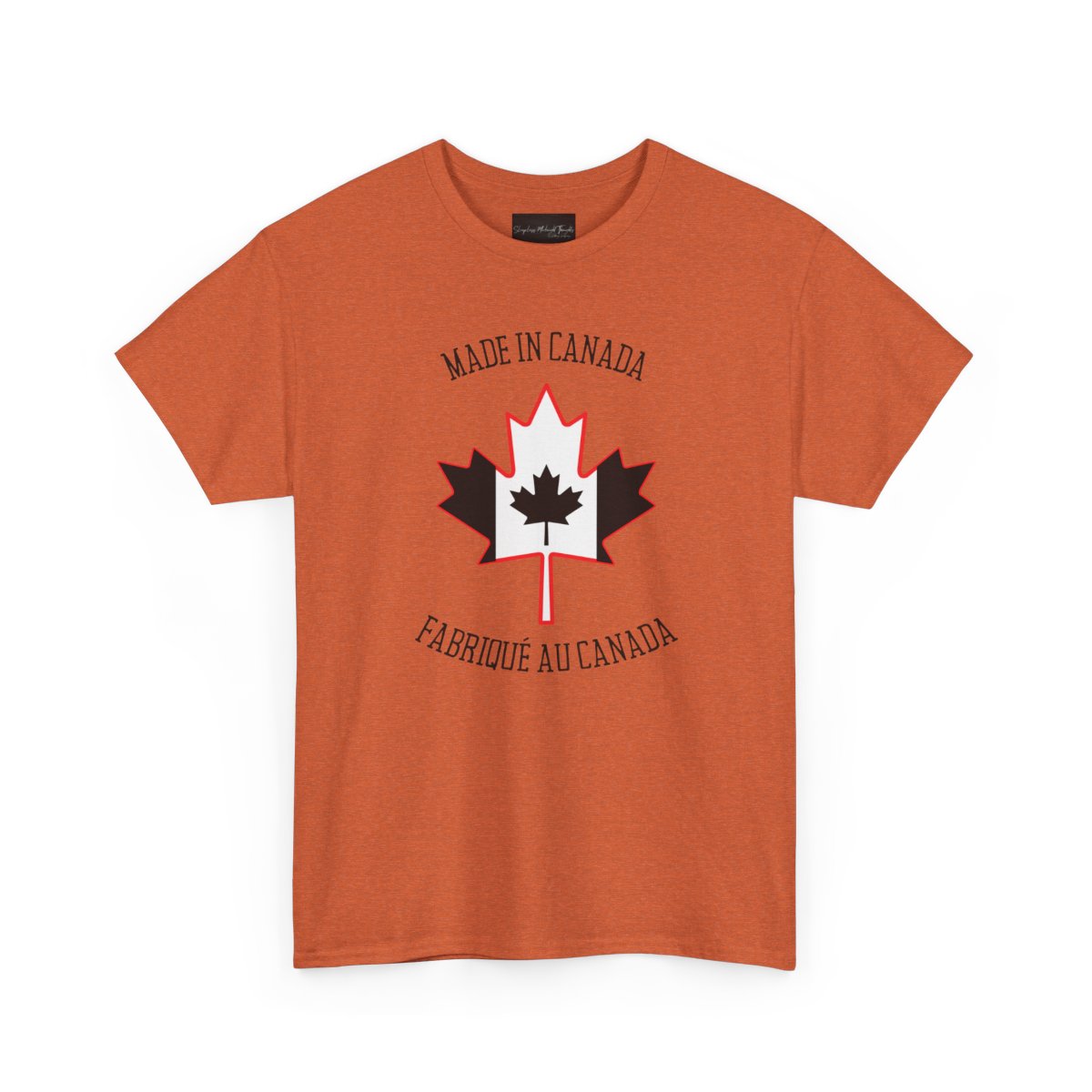 On the front of this custom unisex t-shirt is a large maple leaf with the Canadian flag on the inside, the words Made In Canada are above the maple leaf with the same in French underneath that says Fabrique Au Canada.