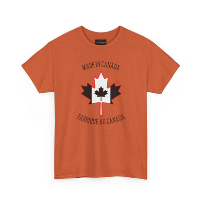 On the front of this custom unisex t-shirt is a large maple leaf with the Canadian flag on the inside, the words Made In Canada are above the maple leaf with the same in French underneath that says Fabrique Au Canada.