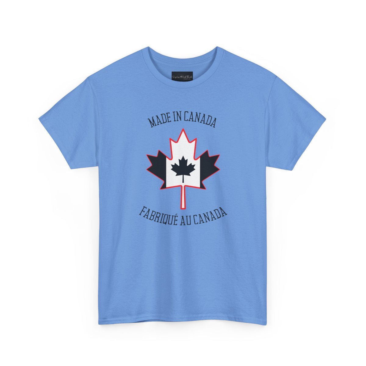 On the front of this custom unisex t-shirt is a large maple leaf with the Canadian flag on the inside, the words Made In Canada are above the maple leaf with the same in French underneath that says Fabrique Au Canada.