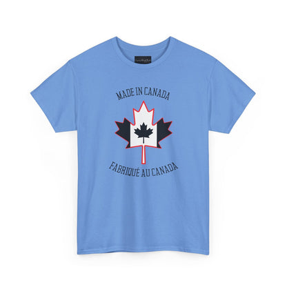On the front of this custom unisex t-shirt is a large maple leaf with the Canadian flag on the inside, the words Made In Canada are above the maple leaf with the same in French underneath that says Fabrique Au Canada.