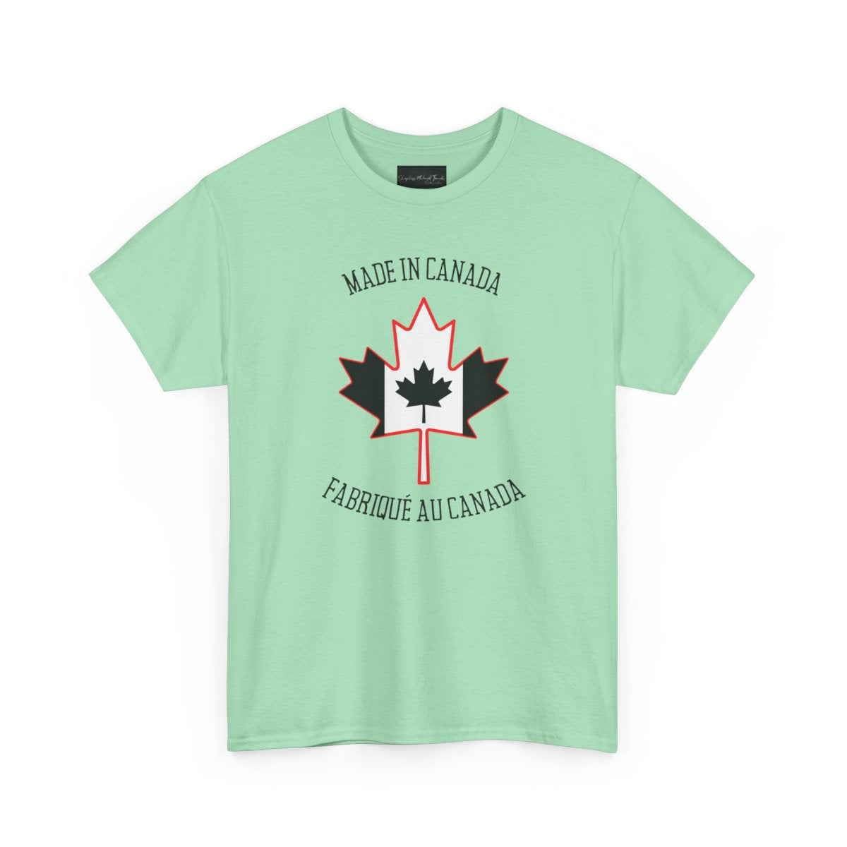 On the front of this custom unisex t-shirt is a large maple leaf with the Canadian flag on the inside, the words Made In Canada are above the maple leaf with the same in French underneath that says Fabrique Au Canada.