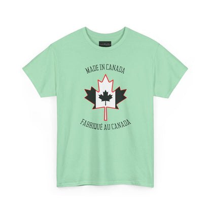On the front of this custom unisex t-shirt is a large maple leaf with the Canadian flag on the inside, the words Made In Canada are above the maple leaf with the same in French underneath that says Fabrique Au Canada.