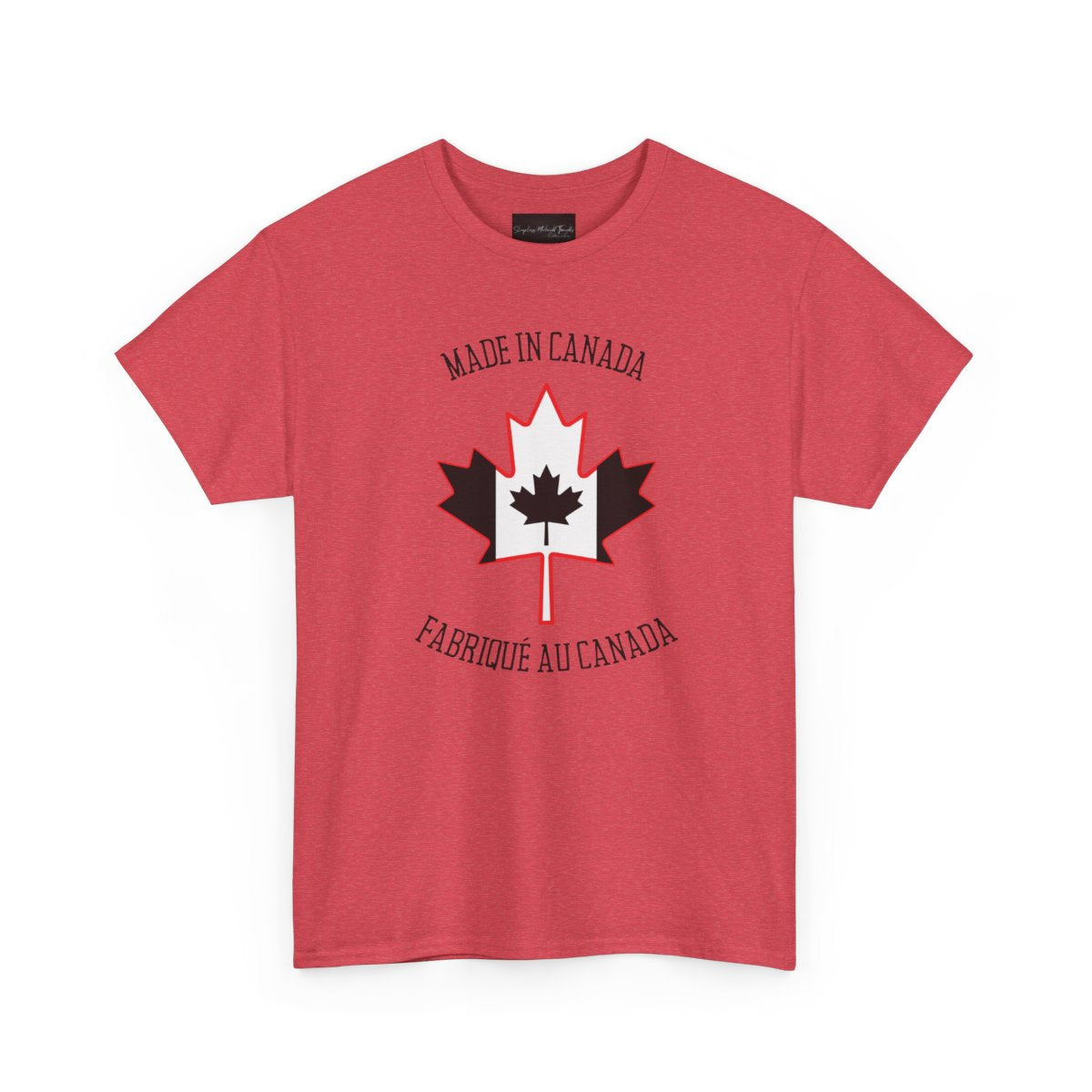 On the front of this custom unisex t-shirt is a large maple leaf with the Canadian flag on the inside, the words Made In Canada are above the maple leaf with the same in French underneath that says Fabrique Au Canada.