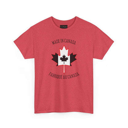 On the front of this custom unisex t-shirt is a large maple leaf with the Canadian flag on the inside, the words Made In Canada are above the maple leaf with the same in French underneath that says Fabrique Au Canada.