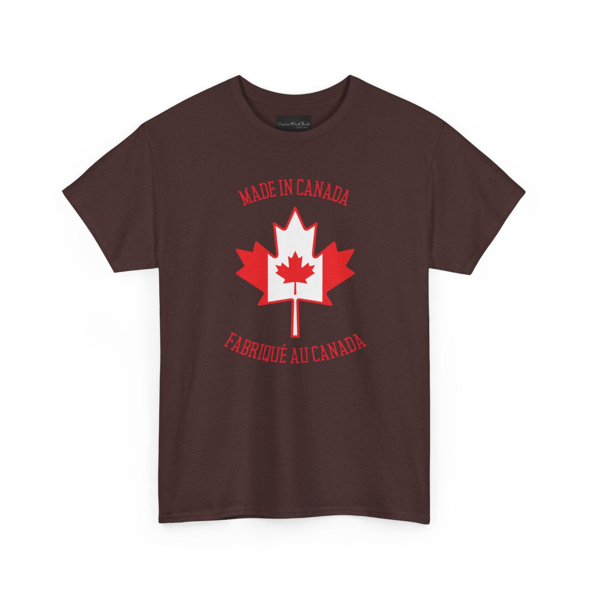 On the front of this custom unisex t-shirt is a large maple leaf with the Canadian flag on the inside, the words Made In Canada are above the maple leaf with the same in French underneath that says Fabrique Au Canada.